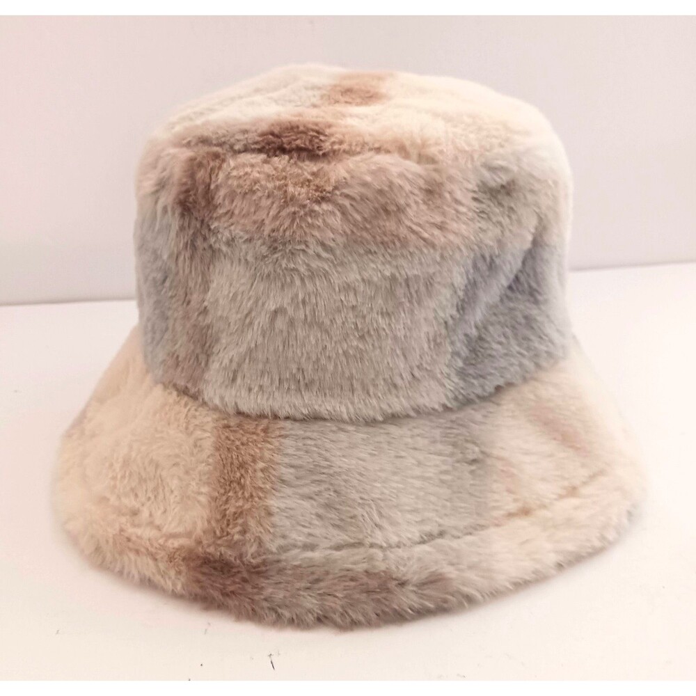 NEW Faux Fur Bucket Hat Light Gray Tan Cream Patchwork O/S - Picture 5 of 9